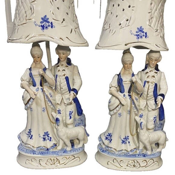 2 Vintage Porcelain Lamp Victorian Colonial Hand painted Man Woman Dog RARE 20" - Picture 2 of 16